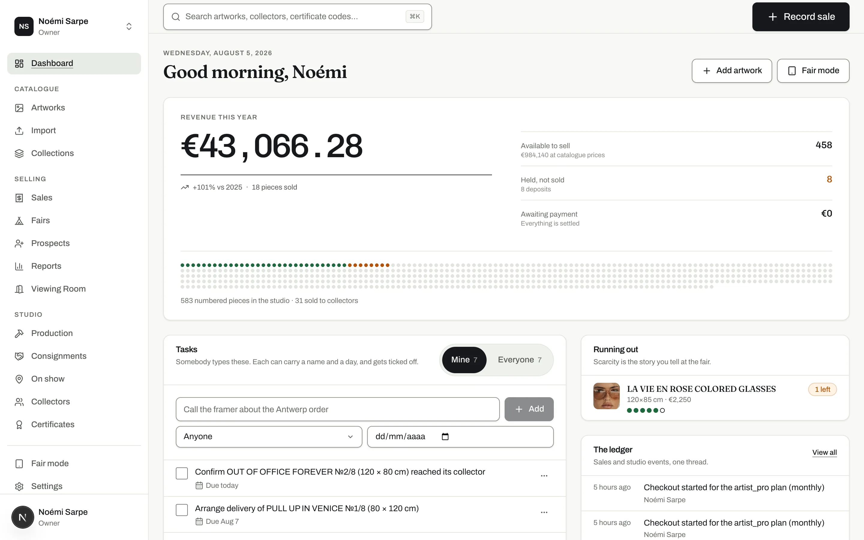 The Artventory dashboard: revenue, stock and the day's work in one screen