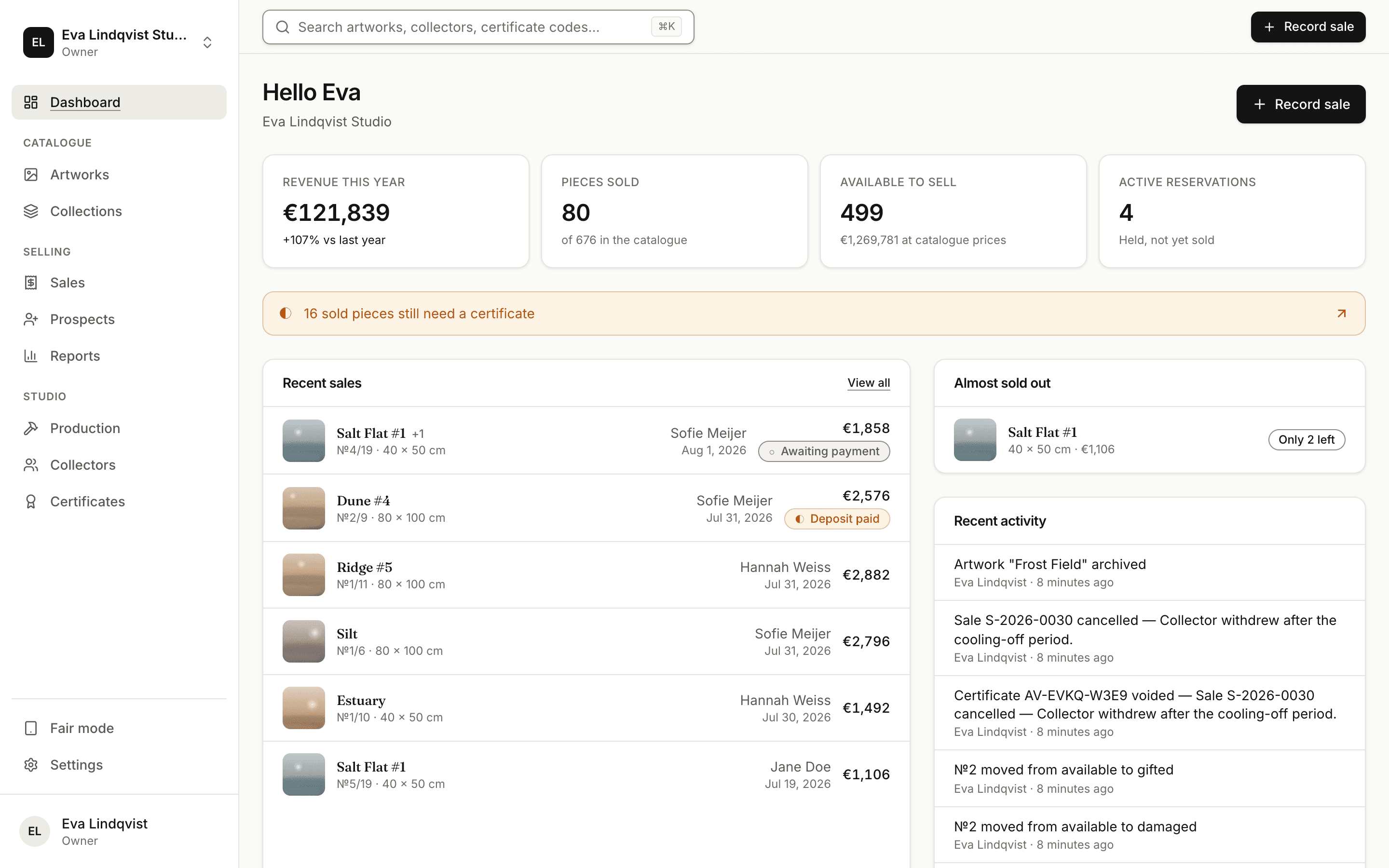 The Artventory dashboard: stock, sales and certificates for a print studio